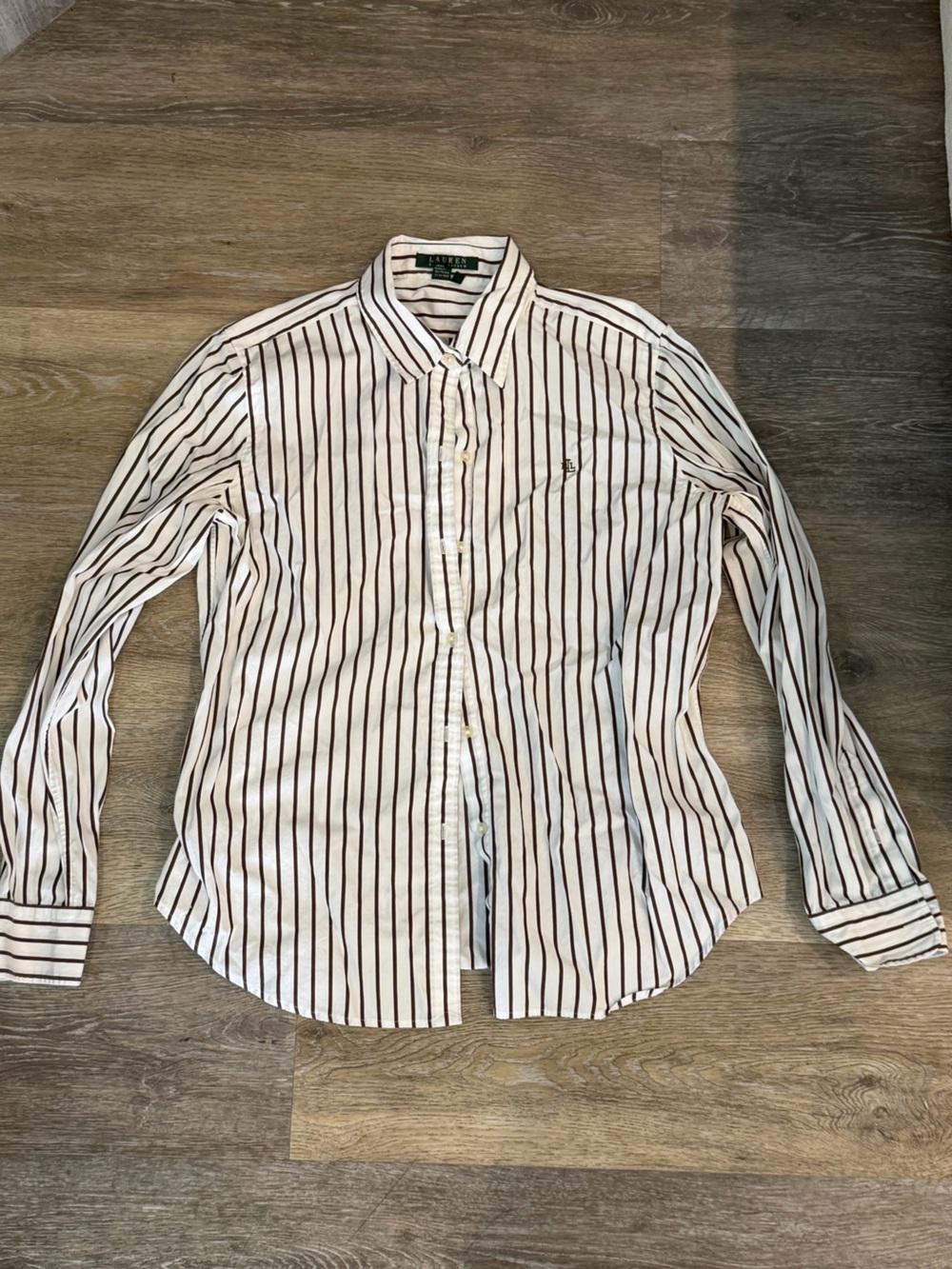 Ralph Lauren White Button-Down Shirt with Brown Stripes